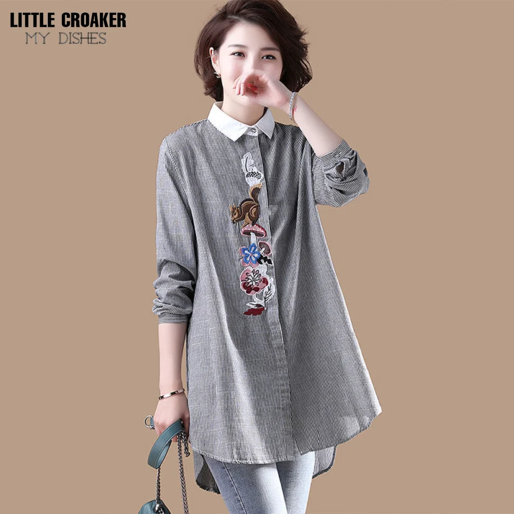 

Mid Length Oversized Striped Embroidered Shirt for Spring 2023 Women's New Versatile Casual Loose Fitting Cotton Linen Shirt
