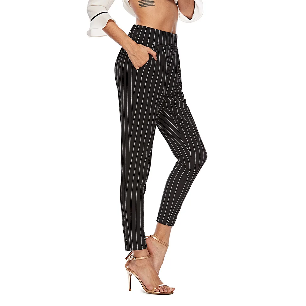 

Брюки женские повседневные в полоску, султанки с завышенной талией, облегающие длинные штаны, уличная одежда, черные, лето-осень