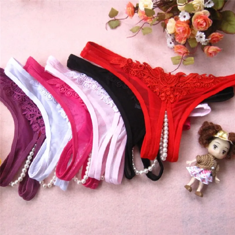 

Ladies Lace Briefs Women Erotict Opening Crotch Panties Thongs G-string Lingerie Sexy Underwear With Pearls Massaging Bead