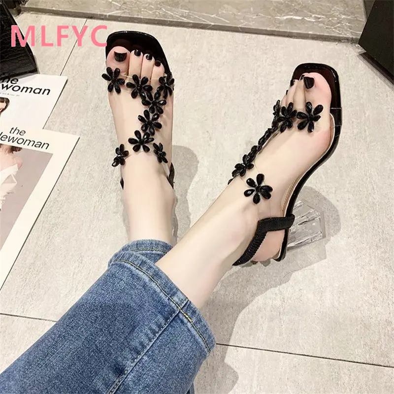 

Summer new women's shoes casual thick heel sandals flower solid color high heels women's fashionable beach sandals