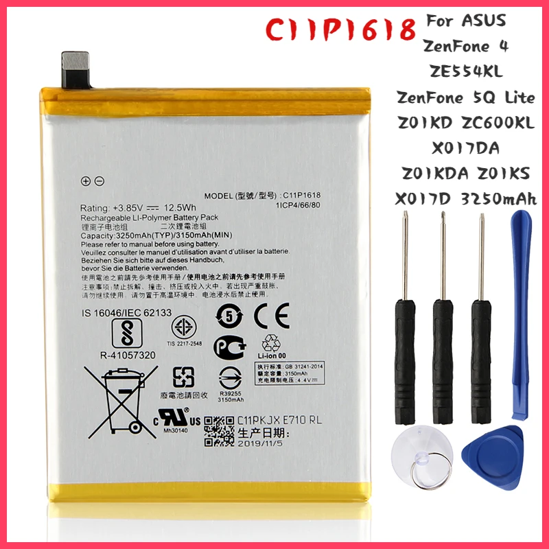 New Phone Battery C11P1618 For ASUS ZenFone 4 ZE554KL ZenFone 5Q Lite Z01KD ZC600KL X017DA Z01KDA Z01KS X017D 3250mAh Free Tools