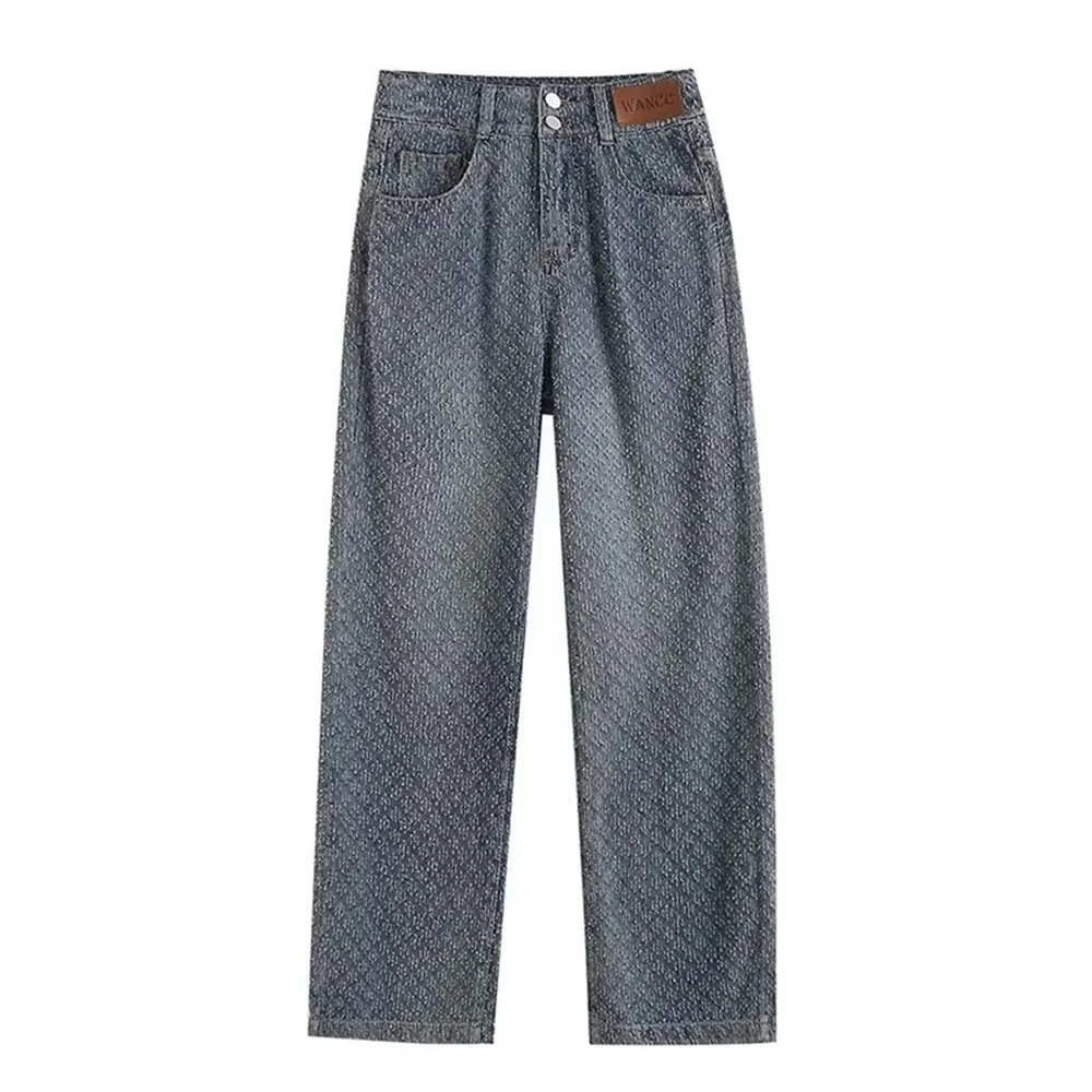 

PB&ZA Woman Fashion Wide Leg Pants High Waist Vintage Office Wear Straight Ladies Trousers Casual Crocheted Denim Floor Pants
