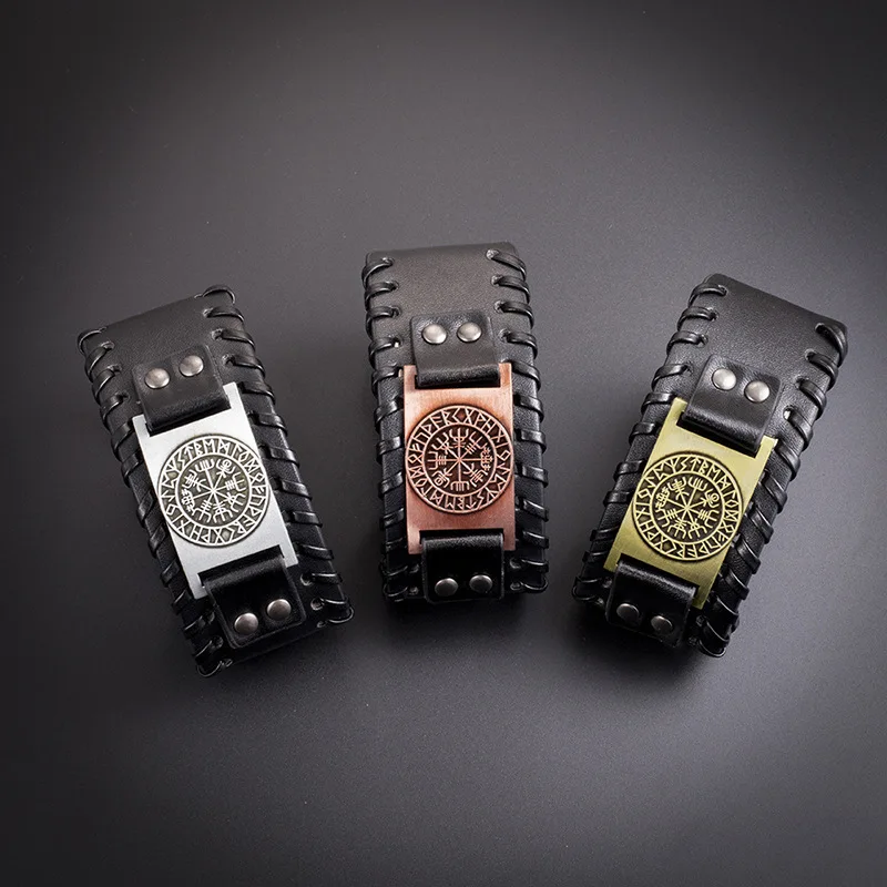 Simple Retro Nordic Men's Jewelry Viking Leather Bracelet for Men Odin Logo Lunawen Bracelet