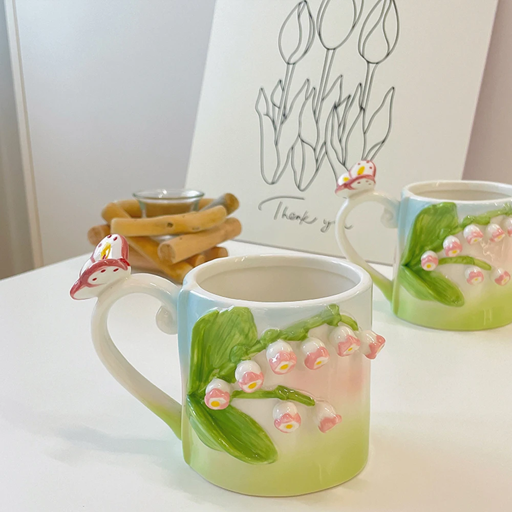 

1 шт. 350 мл ручная роспись Лилия долины чашка тюльпан кружка Ins Стиль 3D рельеф нерегулярная Роза керамическая чашка