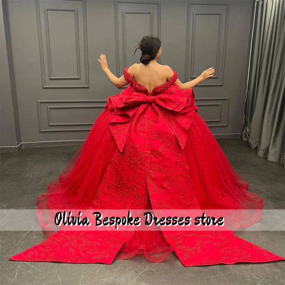 Fancy Red Bow Quinceanera Dresses 2025 For Birthday Party Beaded Lace Appliques Ball Gown vestido de 15 años quinceañera rojo