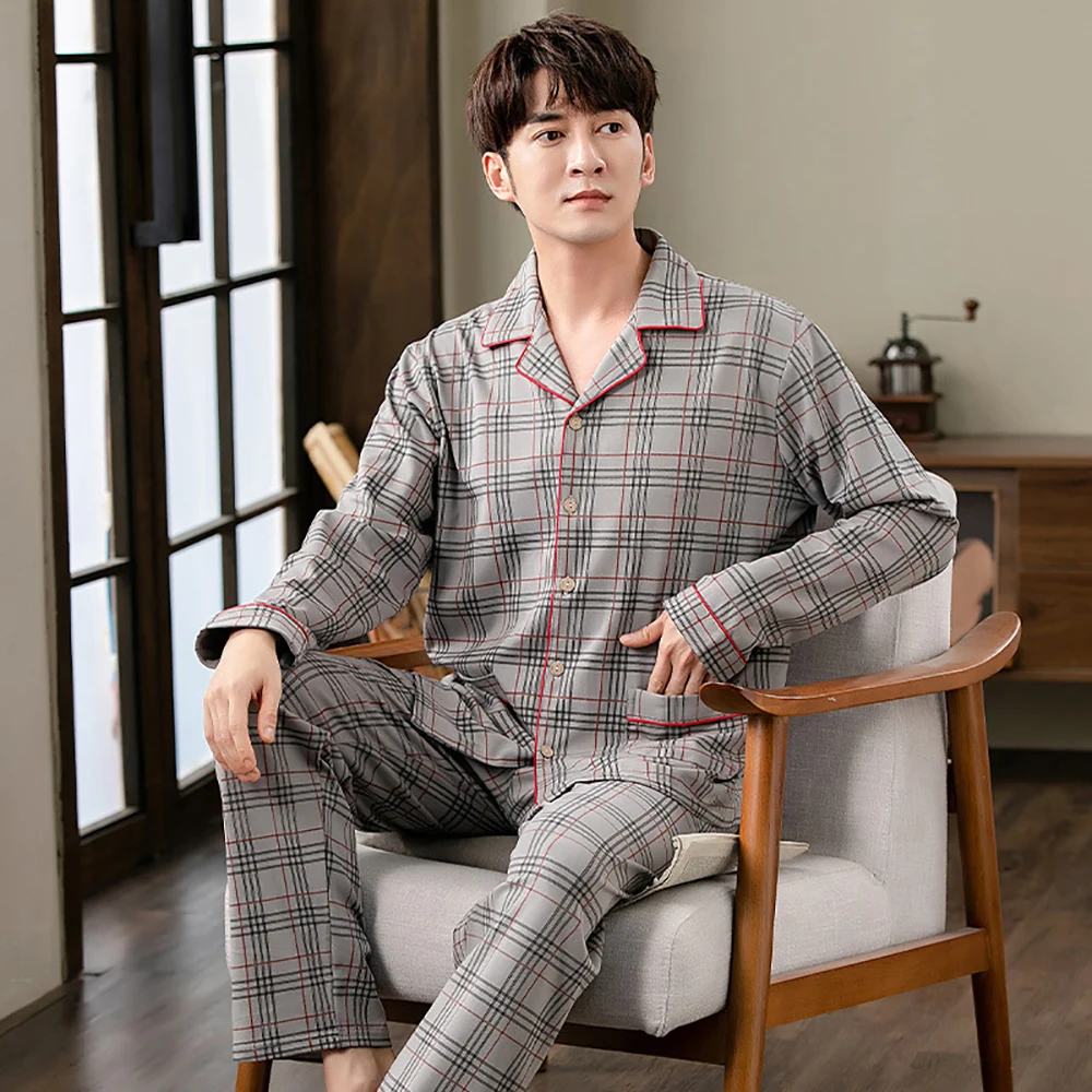 Spring Autumn 100% Cotton Pajamas for Men Casual Plaid Pajama Sets Plus Size Men 4XL Long Sleeve Sleepwear Comfortable Pijama