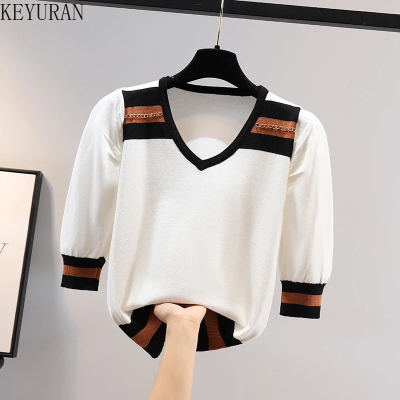 

Ice Silk Knitted Sweater Women Spring Summer 2022 Puff Sleeve Contrast Color Short Sleeve Knitwear T-Shirt Loose V-Neck Chic Top