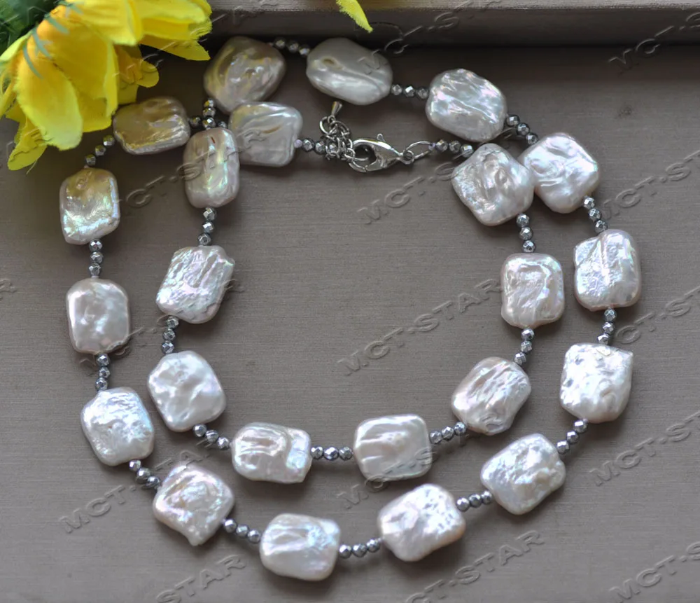 

Z12348 27" 17mm White Square Coin Pearl Hematite Bead Necklace