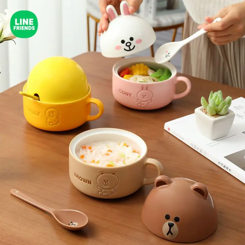 

Kawaii LINE FRIENDS Anime Hobby Brown Cony Sally Household Ceramic Tableware Breakfast Bowl with Spoon Salad Bowl with Lid Set