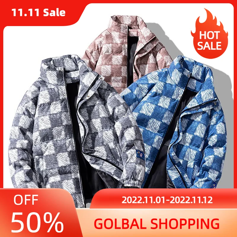 

LUCLESAM мужские пальто в клетку с цветными блоками утепленная куртка с воротником-стойкой зимняя Красивая парная стильная Корейская версия ку...