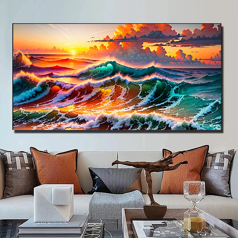 Алмазная живопись 5D «сделай сам» с большим морским пейзажем, вышивка крестиком, картина на стену с морскими волнами, полноразмерная круглая вышивка для домашнего искусства, G164