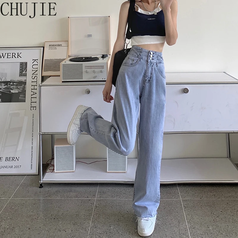 

2022 Woman High Waist Jeans Retro White Black Jeans Trousers Straight Overalls Pants Long Loose Wide Leg Jeans For Women