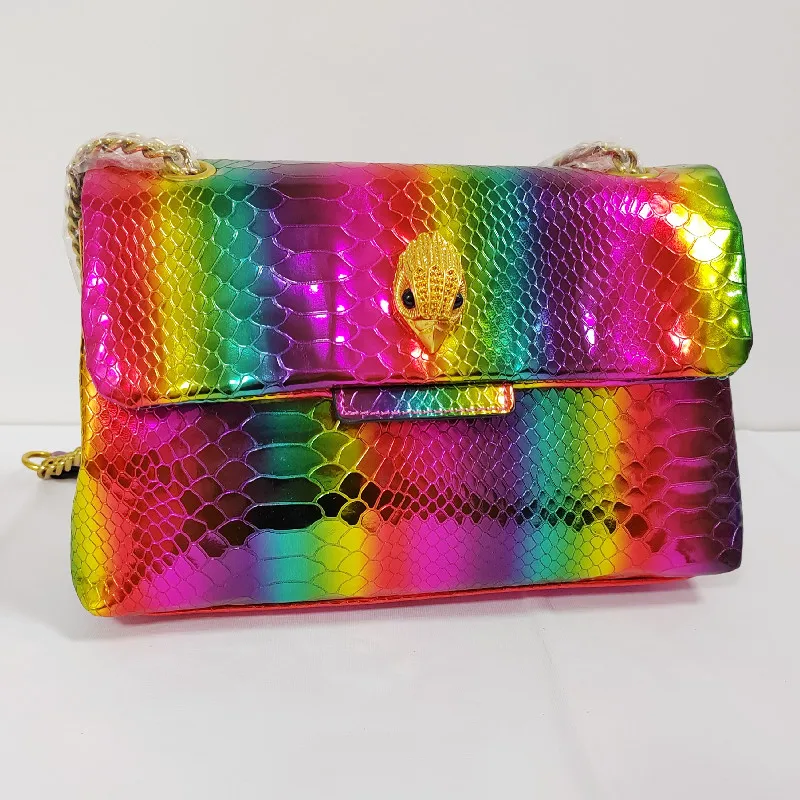 

Hotsale Rainbow Stitching Purse Shiny Serpentine Pu Leather Eagle Icon Metal Logo On The Front Flap Women Handbag