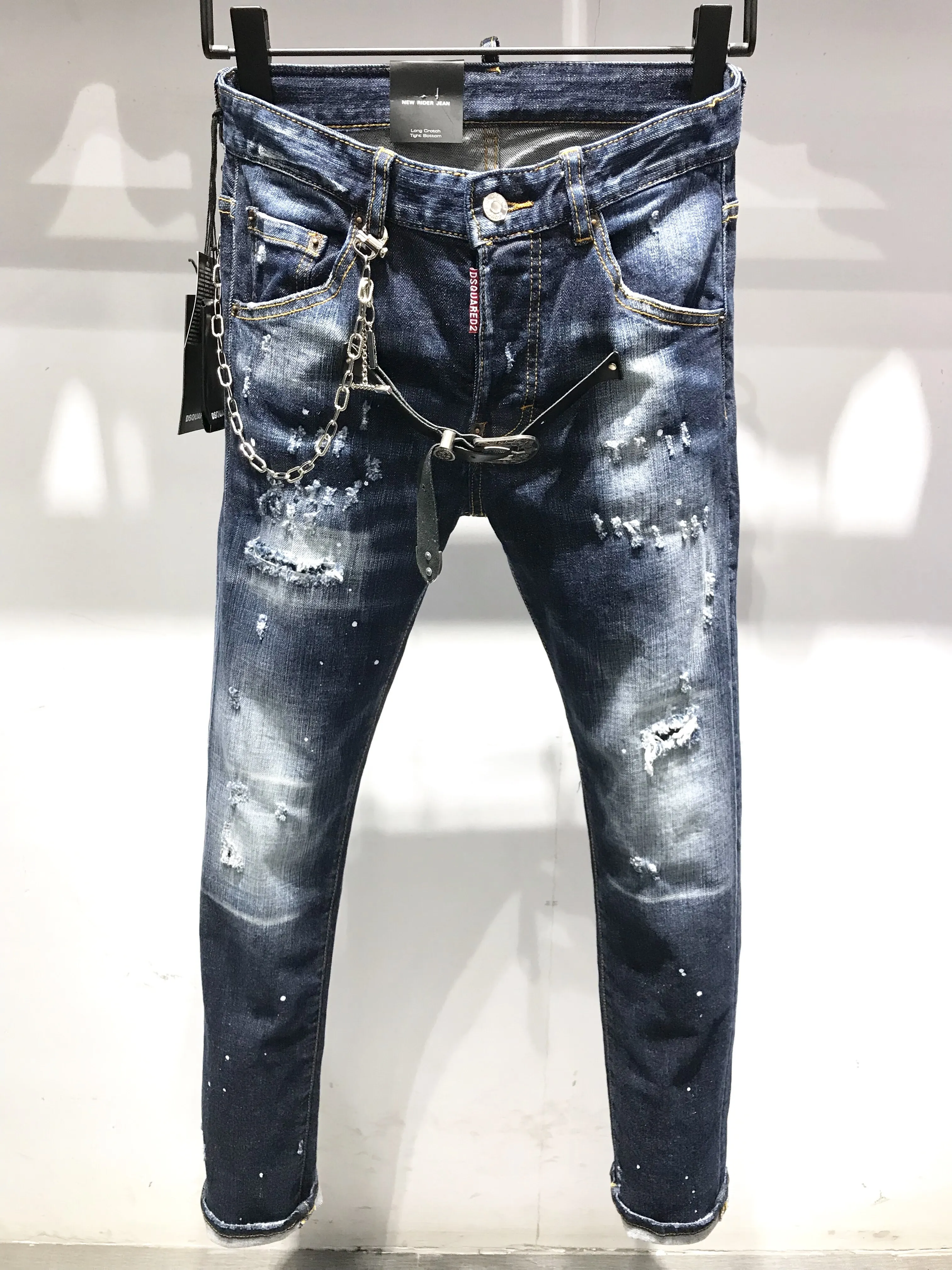 

D2 Ripped Jeans Dsquared2 Chain Embellished Belt Embellished Jeans Round Boyfriend Gift Distressed Streetwear Size44-50 9503