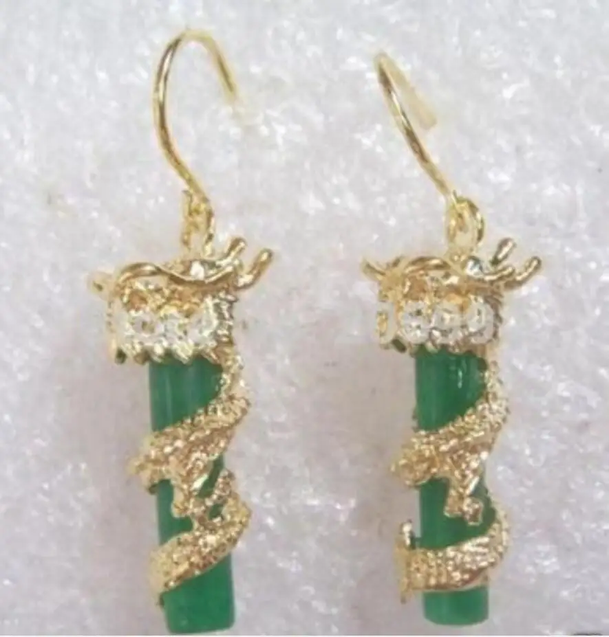 

wholesale beautiful 20*9mm green Natural jade 18k dragon plated earring
