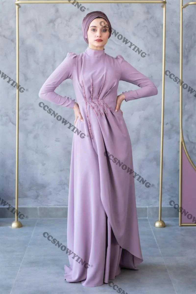 

Simple Appliques Beaded Muslim Evening Dresses Long Sleeve Islamic Formal Party Gowns High Neck Women Arabic Robes De Soirée
