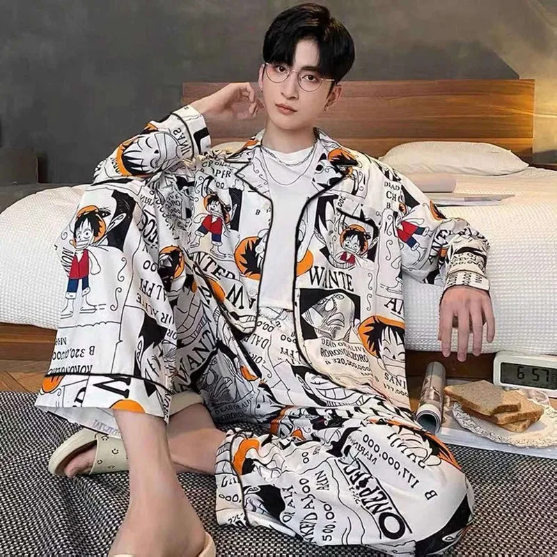 Men Pyjama Set Autumn Long Sleeves Home Clothes for Man Anime ONE PIECE Luff Thin Pajamas Satin Silk Home Wear Stripe Sleepwear