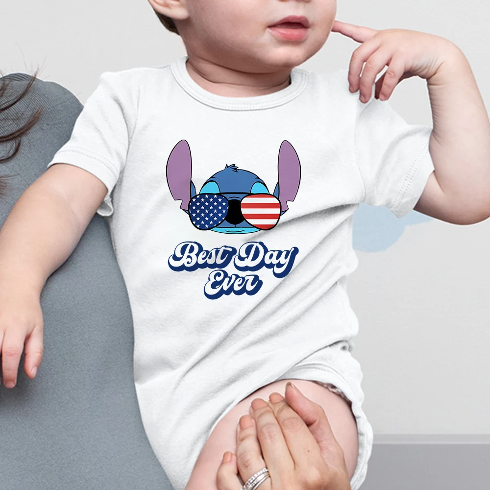 

Stitch Cartoon Print Disney Summer Baby Onesie White Unisex 0-24 Size American Flag Sunglasses Series Infant Romper Comfy Casual