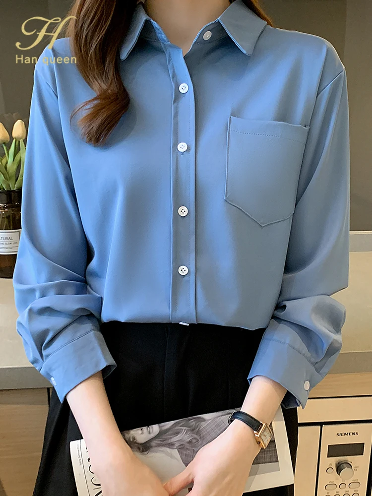 

Лидер продаж, блузки H Han Queen, Простая Офисная шифоновая блузка, женская рубашка, топы с длинным рукавом, повседневные весенне-осенние свободн...