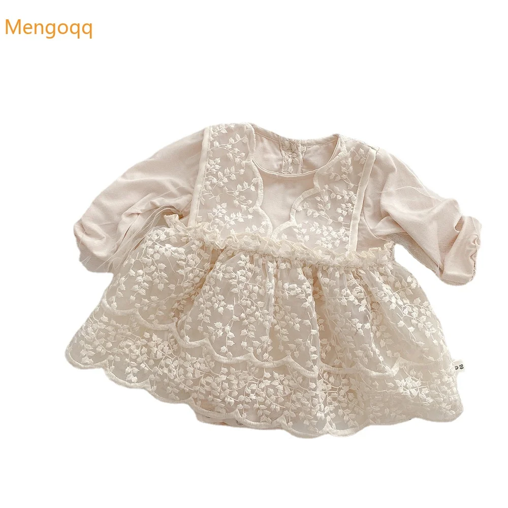 Infant Baby Girls Full Sleeve Embroidery  Flower Outwear Jumpsuits Toddler Newborn Overalls Dresses Cotton Lace Bodysuits 0-24M