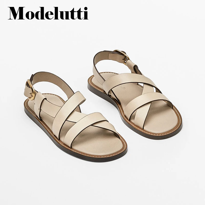 

Modelutti 2022 New Summer Fashion Genuine Leather England Style Women Flat Sandals Casual Solid Simple Beach Shoes Female