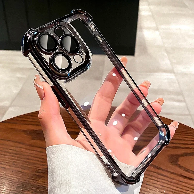 Luksusowe, elektroplaterowane, odporne na wstrząsy, przezroczyste etui na telefon iPhone 15 14 13 12 11 16 17 Pro Max Plus z powietrznym bumperem, tylna obudowa.