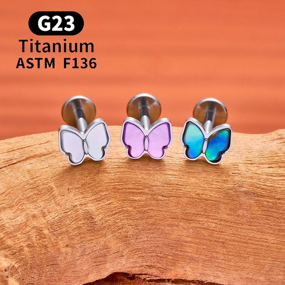Фото Титановый серьга-бабочка ASTM F136, 16G, с плоской задней частью, для пирсинга уха (хлопушка, конч, трагус, хеликс), для женщин и девушек №2