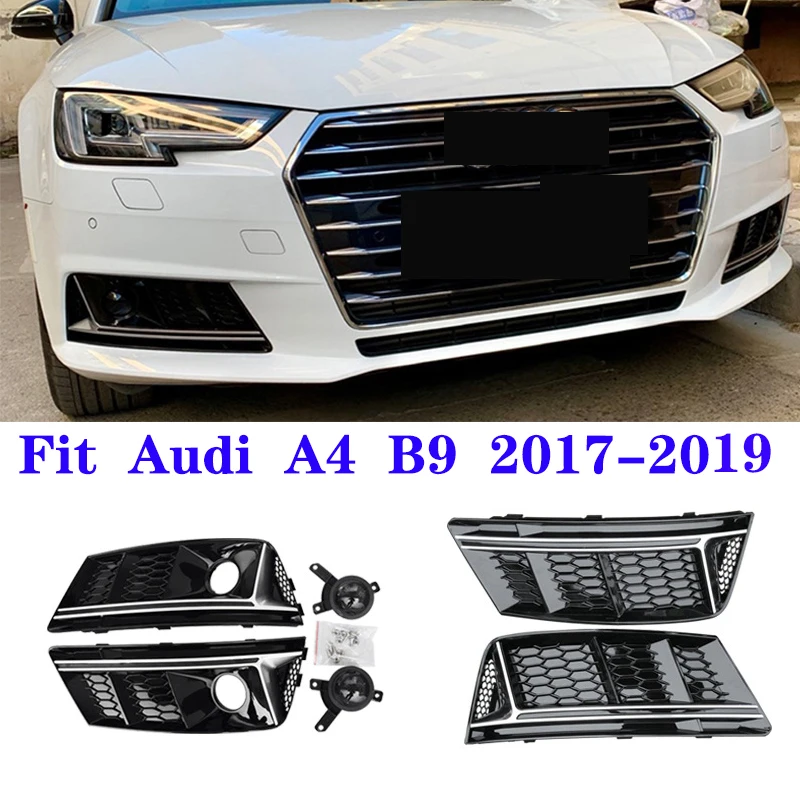 for Audi A4 B9 2017-2019 Car Front Bumper Fog Light Grille Grill Cover Trim 1 Pair Glossy Black Silver