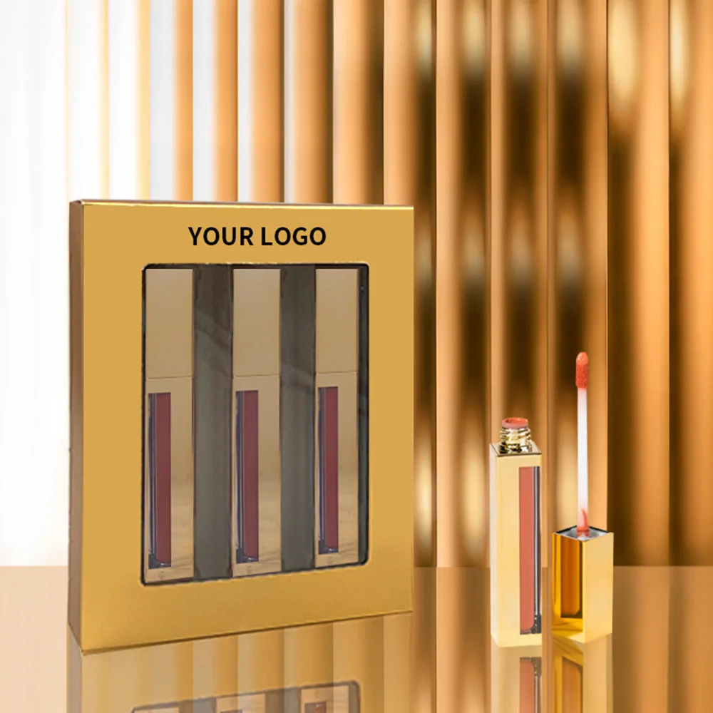 

27-Color Custom Bulk 3pcs Liquid Lipstick Kit Private Label Gold Package Matte Makeup High Color Rendering Moist Gloss Makeup
