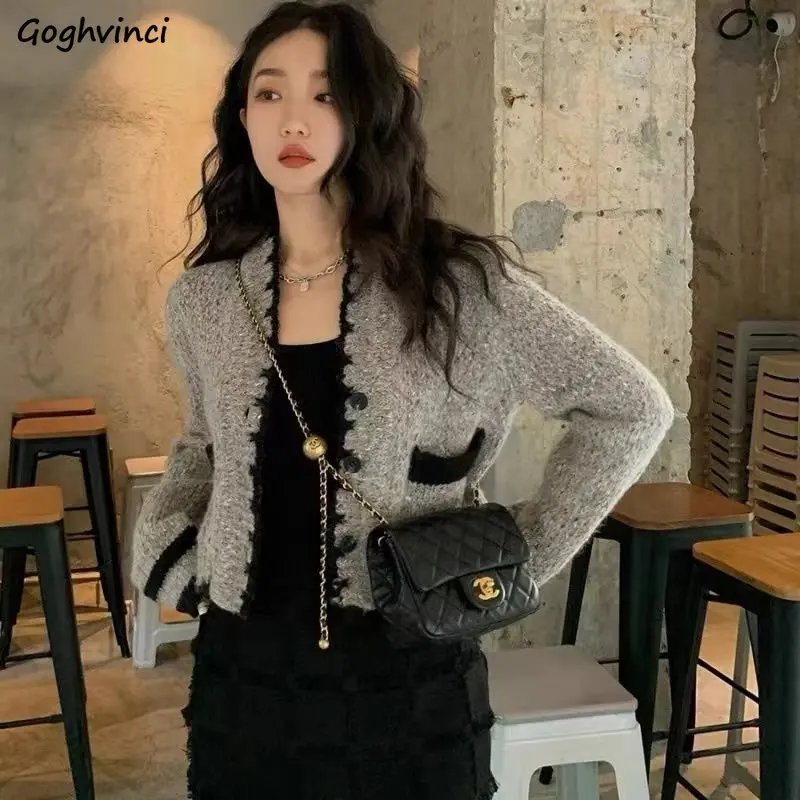 

V-neck Crop Cardigans Women Vintage New Fall Loose Temperament Fashion Young Ladies Elegant All-match Simple Sweaters Knitwear