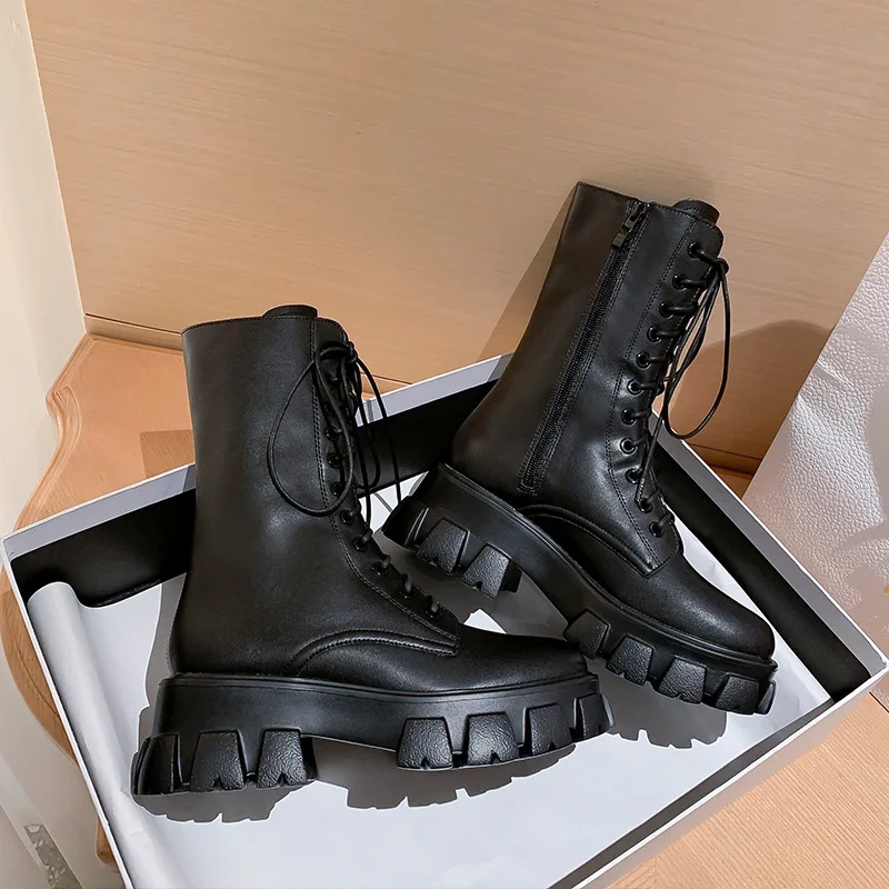 

Pop Women Mid Calf Boots Autumn Winter Fashion Lace-up Zipper Botas Mujer Comfortable Platform Heel Leather Women Boots