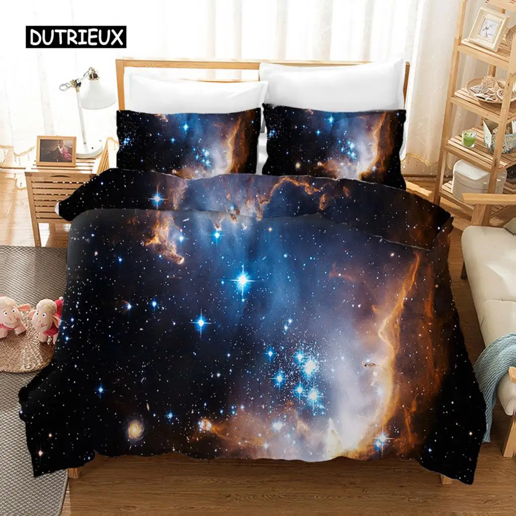 Starry Sky Duvet Cover Set Blue Orange Galaxy Theme Twin Bedding Microfiber Double Queen King Size Quilt