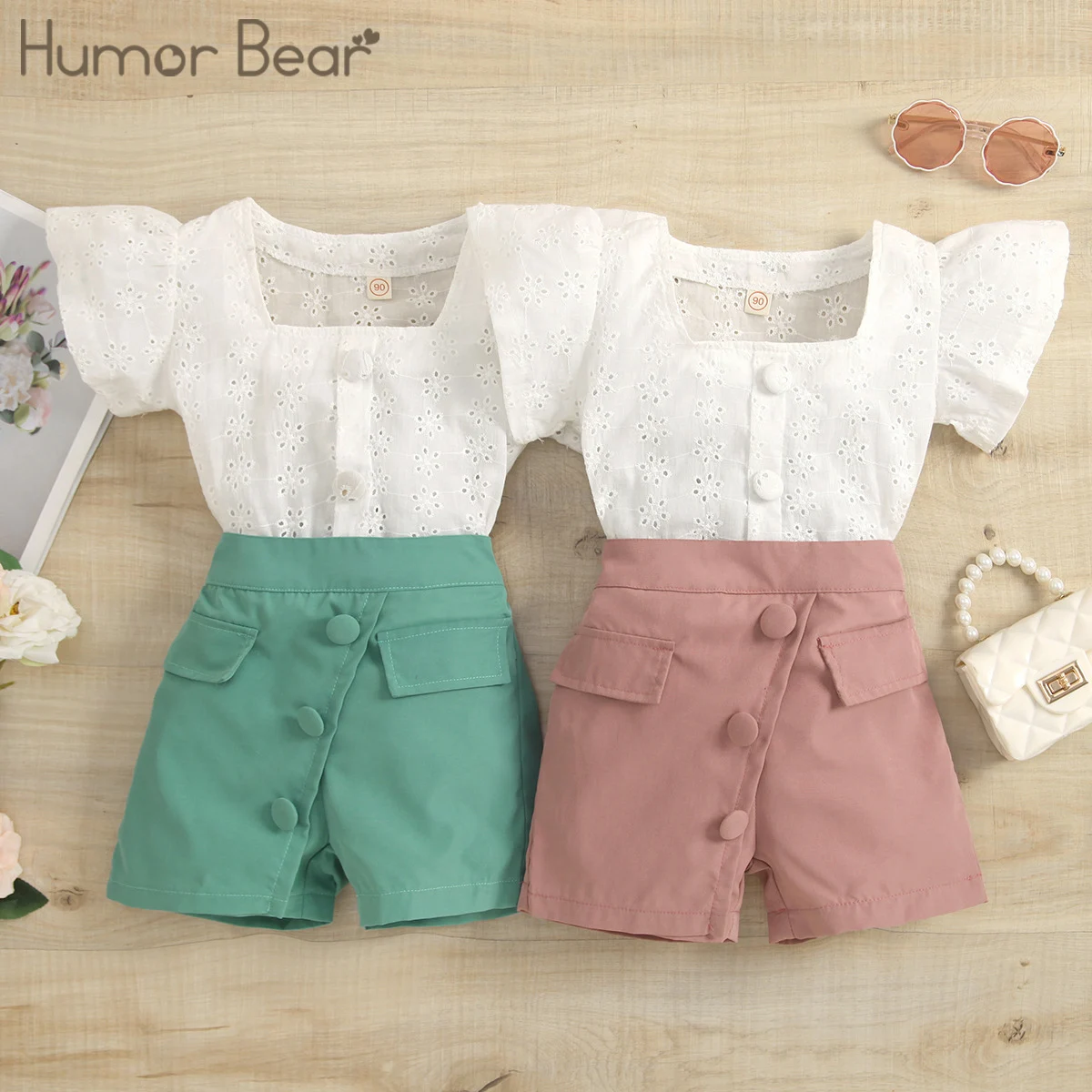 

Комплект одежды Humor Bear для девочек, новинка, летние Ажурные топы с рукавами и шорты, повседневная детская одежда из 2 предметов