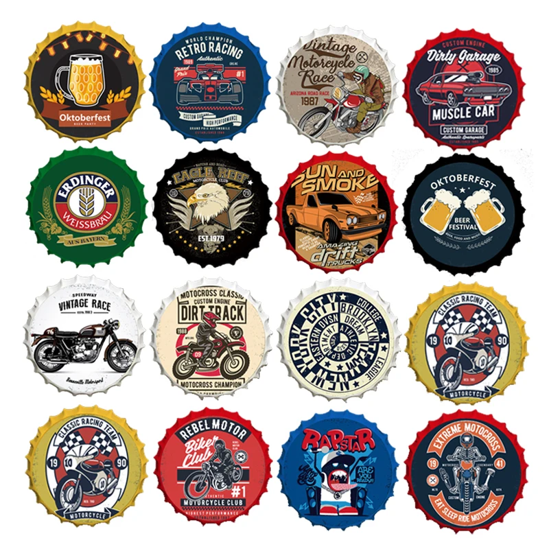 

Beer Bottle Cap Tin Sign Label Motorcycle License Metal Sign Brand Bar Cafe Wall Hanging Crafts Tinplate Paint Car Decoration