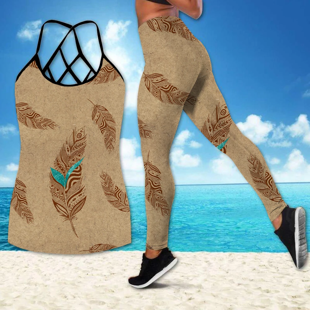 

Criss cross Tank Top 3D Feather Print Women Two Piece Yoga Set Vest Combo Tank Top Legging Waist Sport Fitness Quick Dry