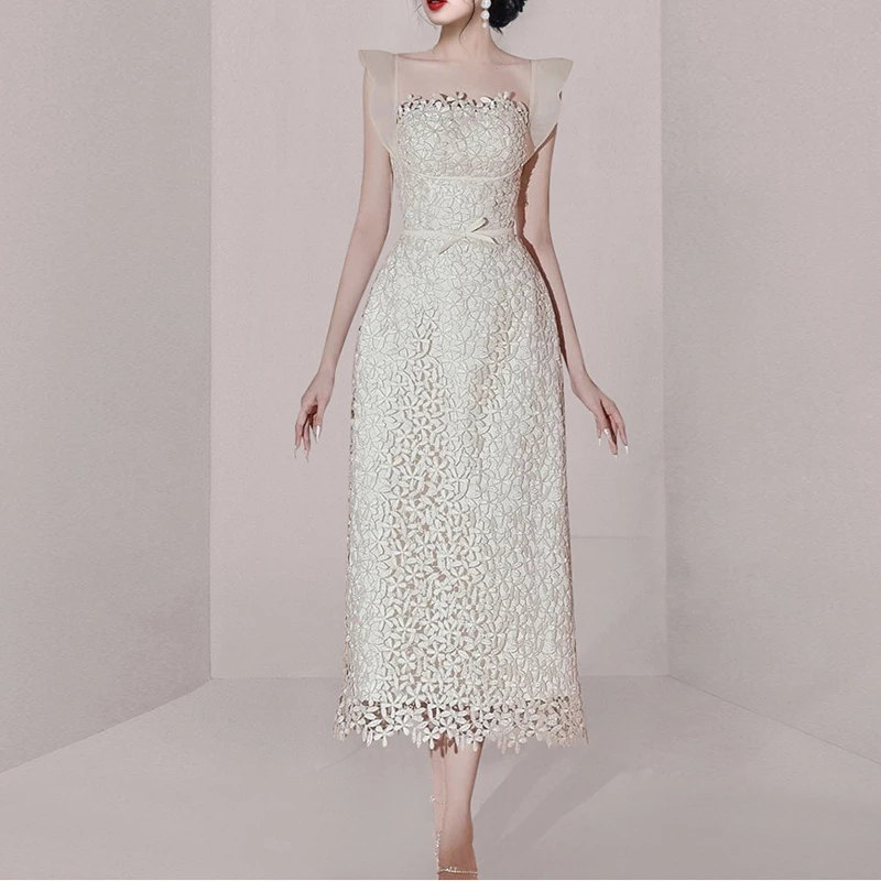 

Summer Square Neck Dress Women 2023 New Splice Lace Party Dresses Backless Sleeveless Maxi Long Bodycon Dress Elegant Dress