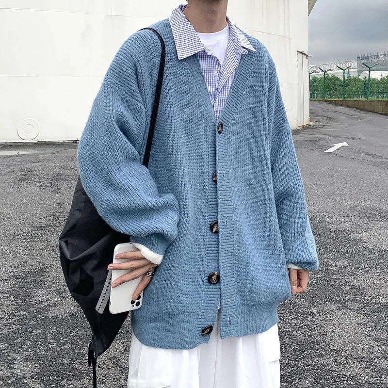 

2022 Autumn and Winter New Trend Solid Color Loose V-neck Knitted Sweater Men's Hong Kong Style All-match Casual Cardigan Jacket