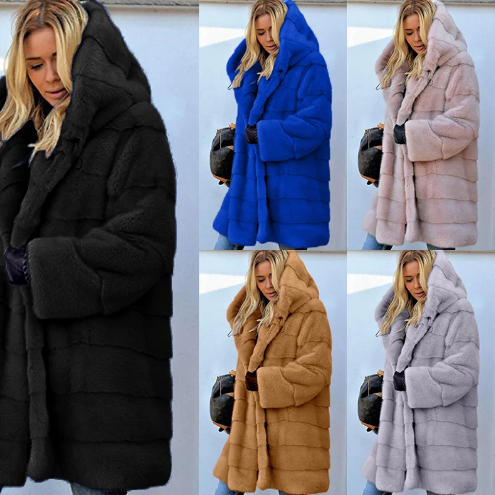 UETEEY Mid -long Solid Color Plush Hooded Coat Imitation Fur In Autumn and Winter Warm Women's Jacket