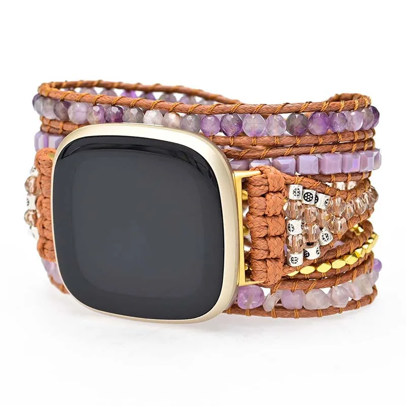 Natural Amethyst Gemstone Strap For Fitbit Versa 4 3 2 1 Band Bohemian Beads Rope Wristband For Fitbit Versa Lite/Fitbit Sense 2