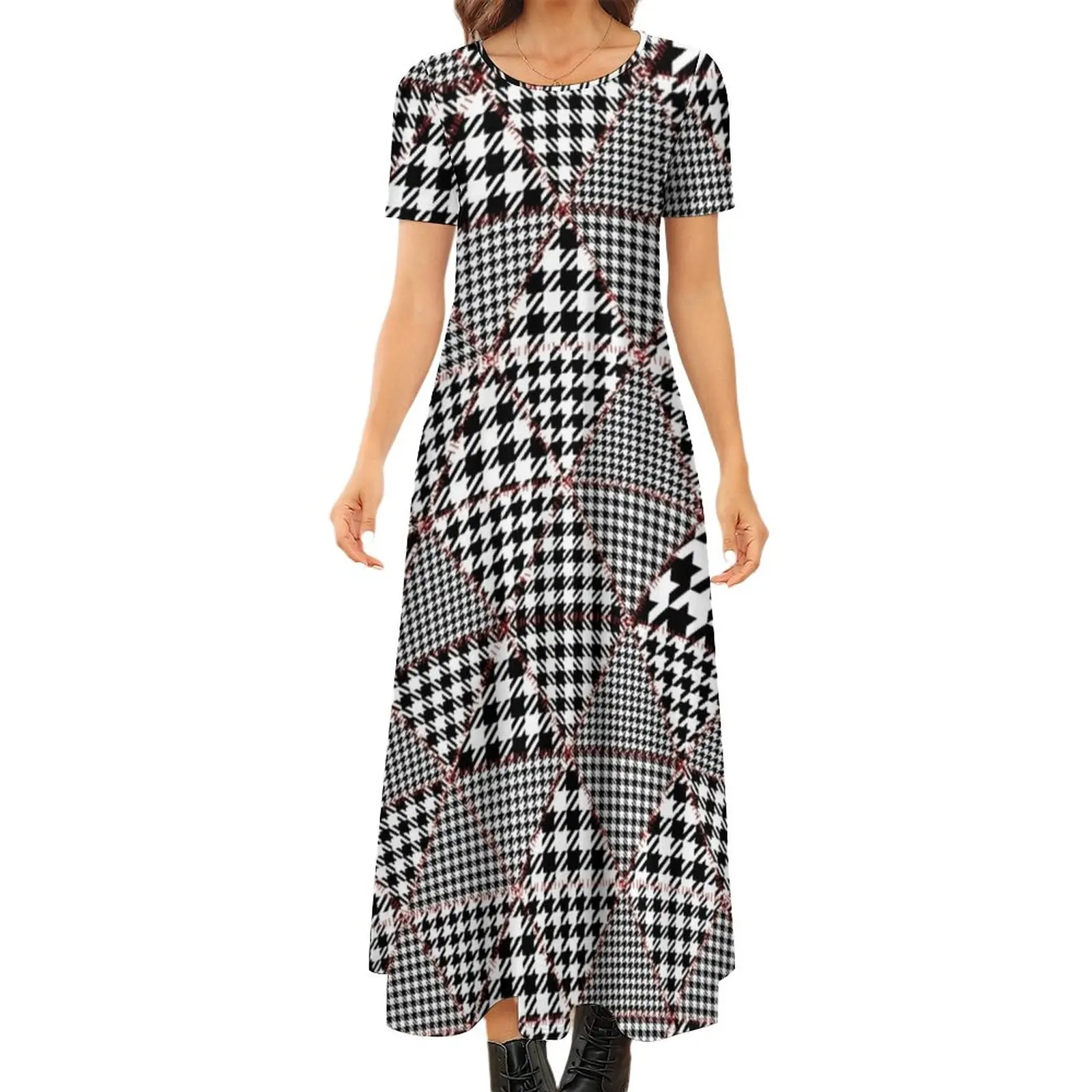 

Patchwork Houndstooth Dress Geometric Print Aesthetic Boho Beach Long Dresses Ladies Vintage Maxi Dress 5XL 6XL 7XL