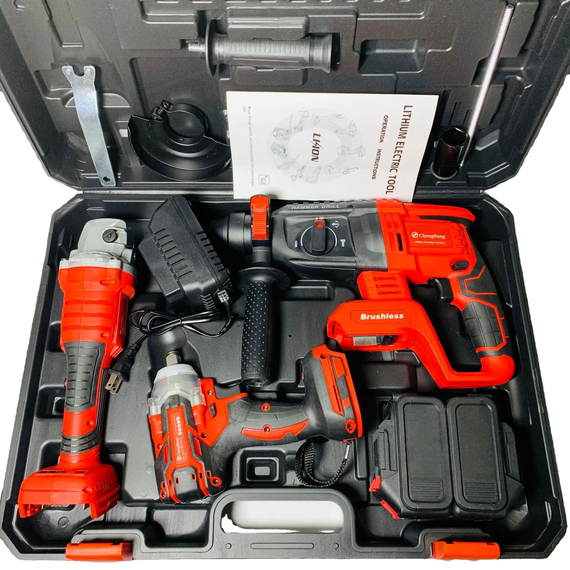 

Preferential trade lithium electric brushless electric tools 3 red suit (electric wrench + Angle grinder, electric hammer)