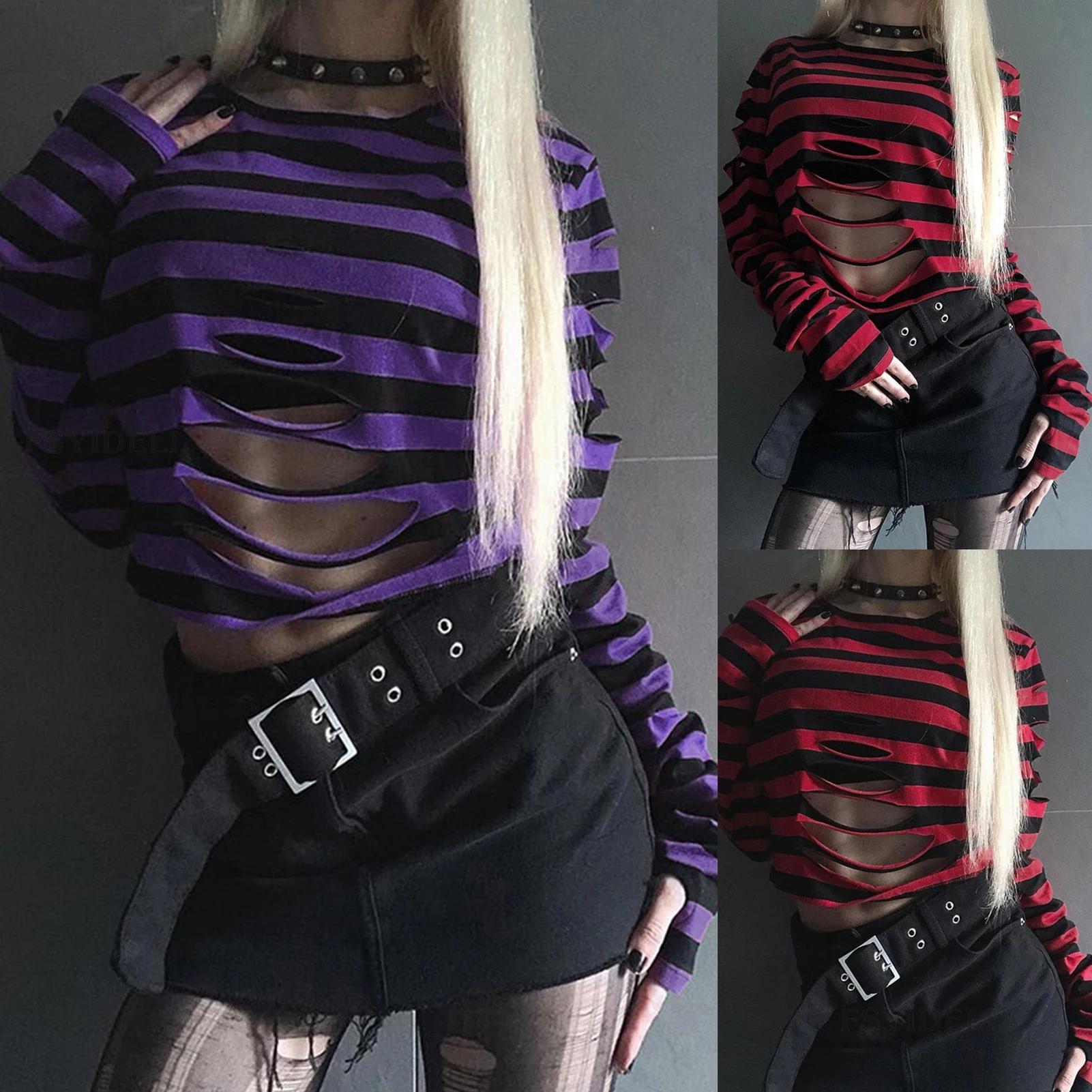 

Horizontal Stripe Ripped Shirt Top Distressed Ladies Grunge Clothes Top Hollow Out Crew Neck Harajuku Style Daily Outfit