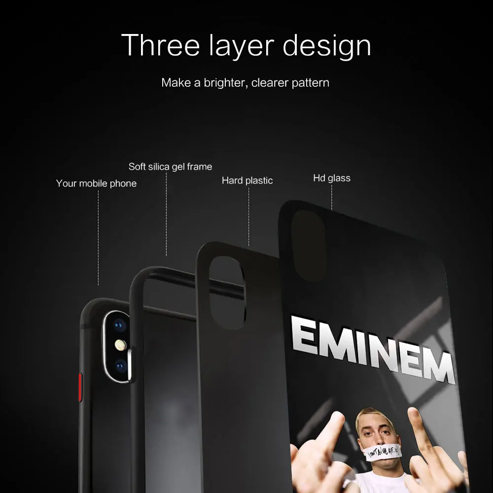 Черный силиконовый стеклянный чехол для iPhone 13 12 11 Pro XS Max X XR 8 7 6 Plus SE 2020 S Mini Cover Eminem The