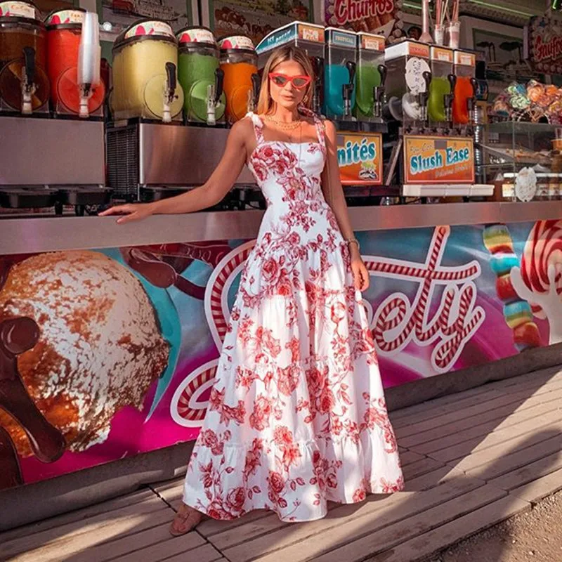 

SKMY Vacation Outfits 2022 Summer New Maxi Dresses Sexy Sleeveless Spaghetti Strap Fashion Printed Long White Dress Party Wear