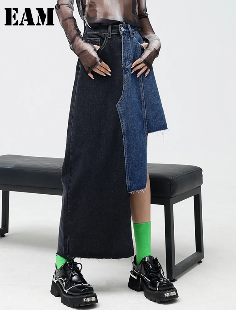 

[EAM] High Waist Black Blue Irregular Color-block Denim Long Half-body Skirt Women Fashion Tide New Spring Autumn 2022 1DE9881