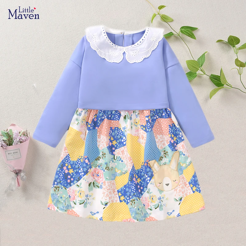 Little maven Christams Deer Girls Long Sleeve Dress Peter Pan Collar Lace Blue Children Charistmas Party for Kids Clothes