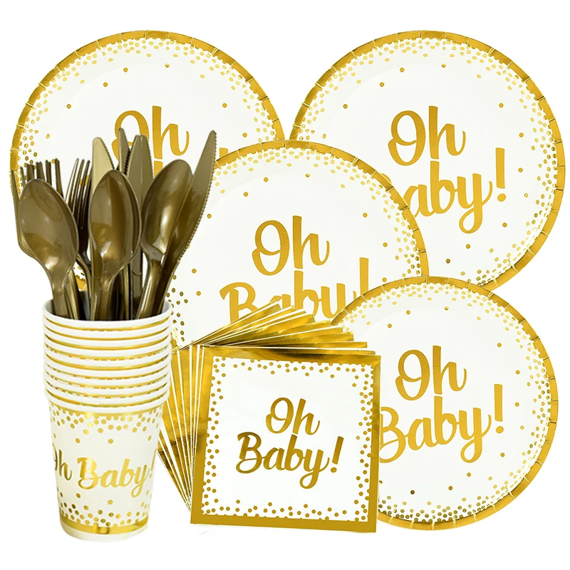 

10pcs Oh Baby Disposable Tableware Paper Plates Cup Napkins Cutlery Baby Shower Birthday Boy Girl Gender Reveal Party Supplies