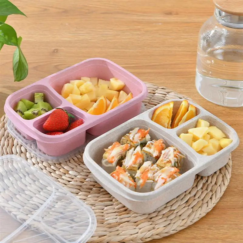 

8 Pcs Wheat Straw Bento Boxes Three-grid Lunch Boxes Portable Fruit Lunch Boxes