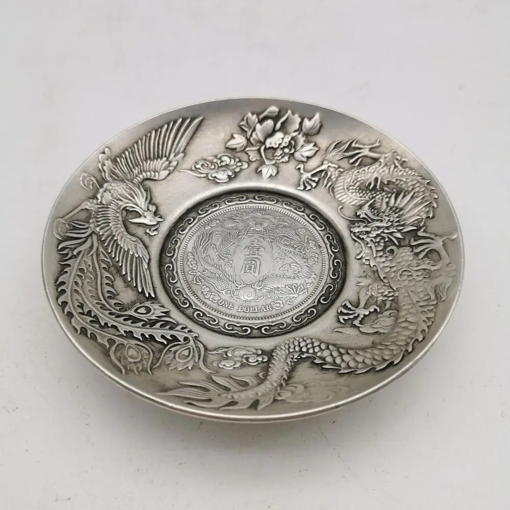 9.8Cm Collect Chinese Paktong Animal Dragon Phoenix Auspicious Lucky Plate 253G