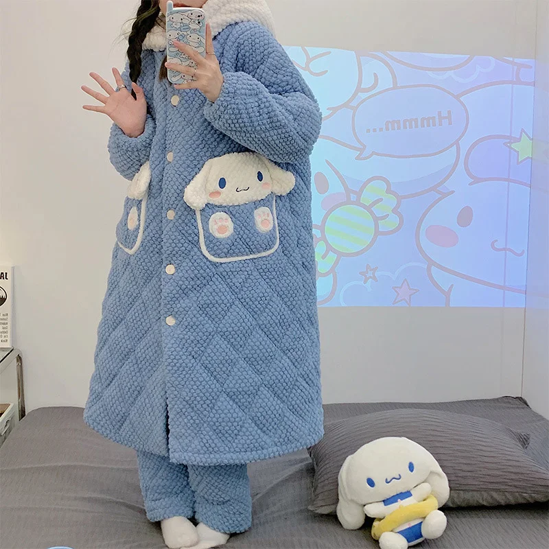 

Sanrioed Pajamas Women Winter Three-Layer Quilted Padded Cartoon Mymelody Kuromi Cinnamoroll Mid-Length Nightgown Homewear Set